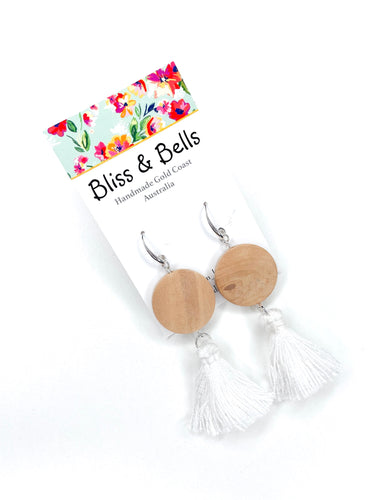 Wooden & White- Tassel Dangle Earrings- Handmade