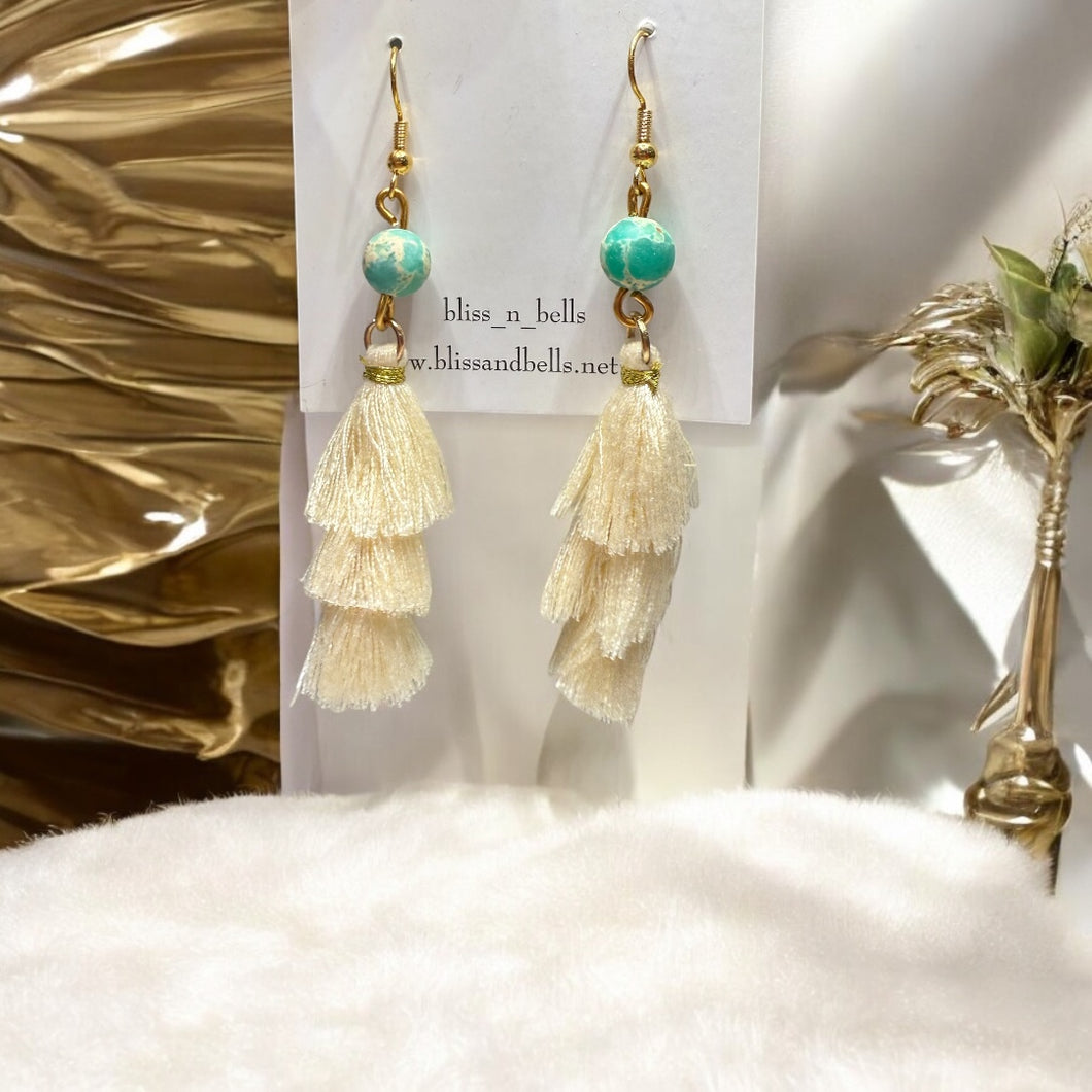 Trio Tassel- Earrings- Beaded Neutral Tassels- Handmade