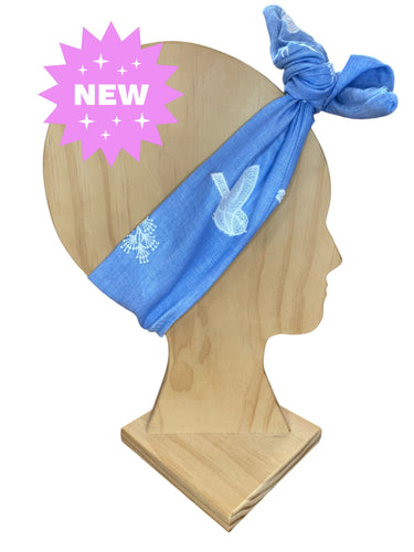 Chambray White Embossed Birds BoHo Wire Headband Handmade
