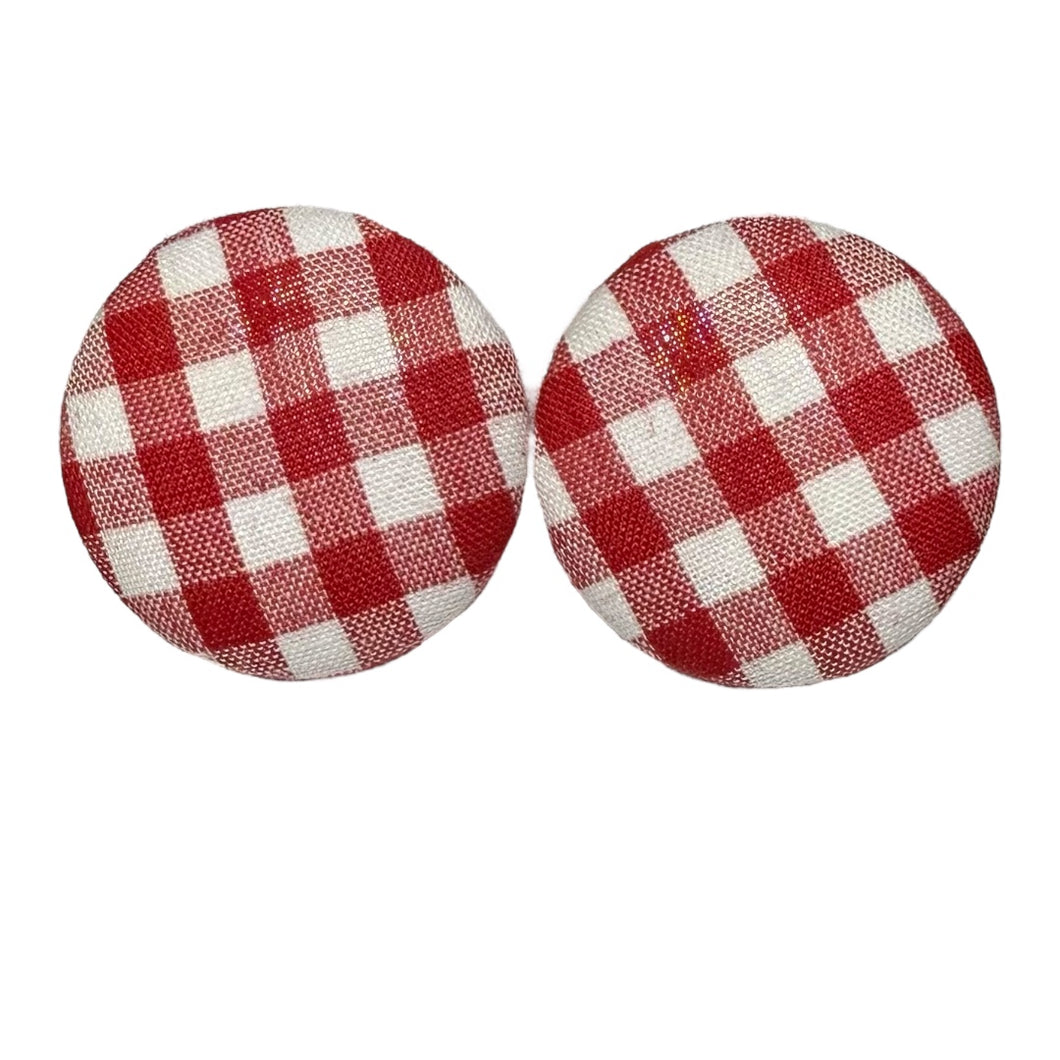 Red & White Small Gingham Fabric Button Earrings...Handmade