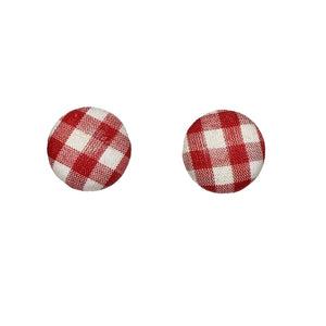 Red & White Small Gingham Fabric Button Earrings...Handmade