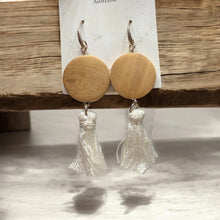 Load image into Gallery viewer, Wood &amp; White- Tassel Dangle Earrings- Handmade