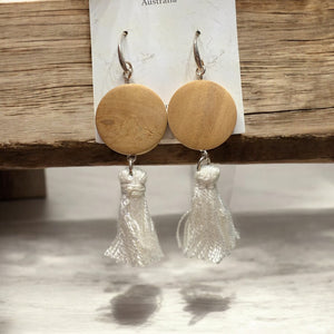 Wood & White- Tassel Dangle Earrings- Handmade