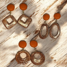 Load image into Gallery viewer, Large Glitzy Rusty &amp; Glitter Fabric &amp; Resin Earrings - Handmade