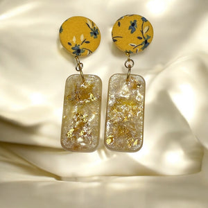 Light Mustard Floral Rectangular Resin Earrings Handmade
