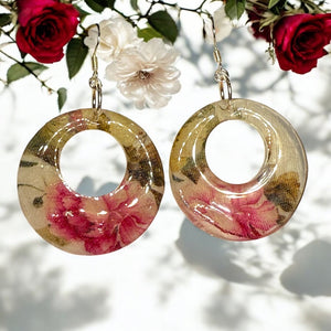 Floral Pink & Green Round drop dangle earrings - Handmade