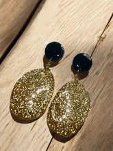 Load image into Gallery viewer, Freeform Fine Gold Glitter &amp; Dark Turquoise Resin Earrings - Handmade