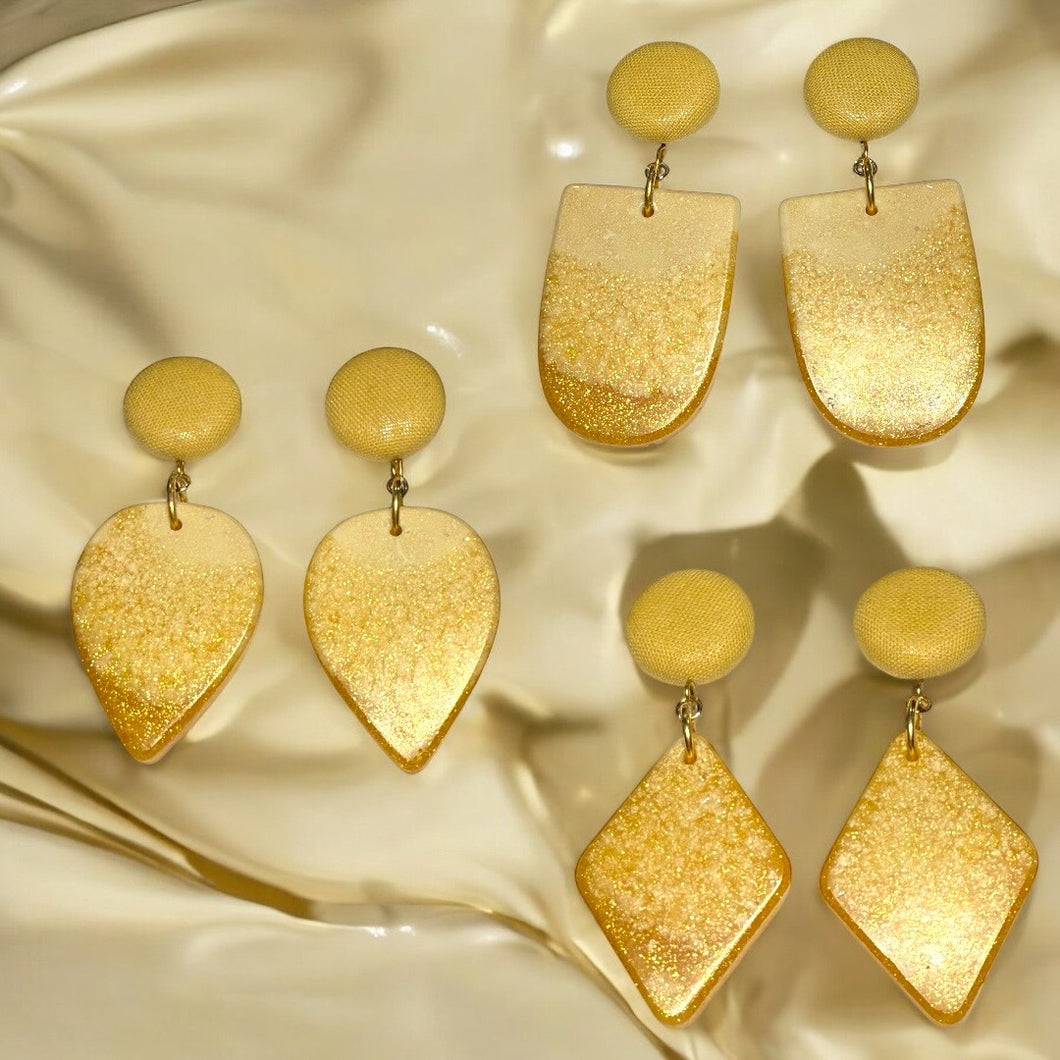 Large Mustard and Gold Shimmer Resin Earrings - Handmade