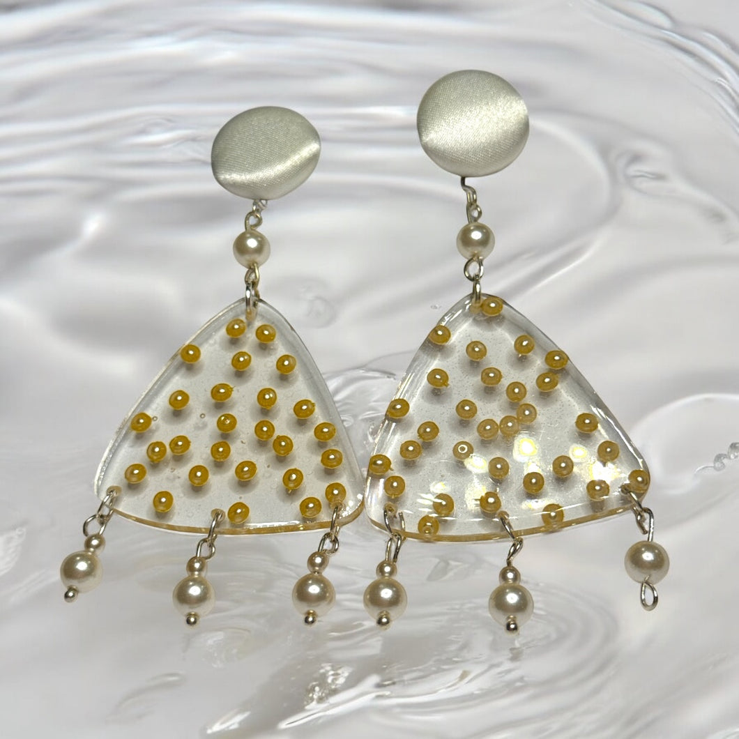 White Satin Fabric Stud with beads and Clear resin