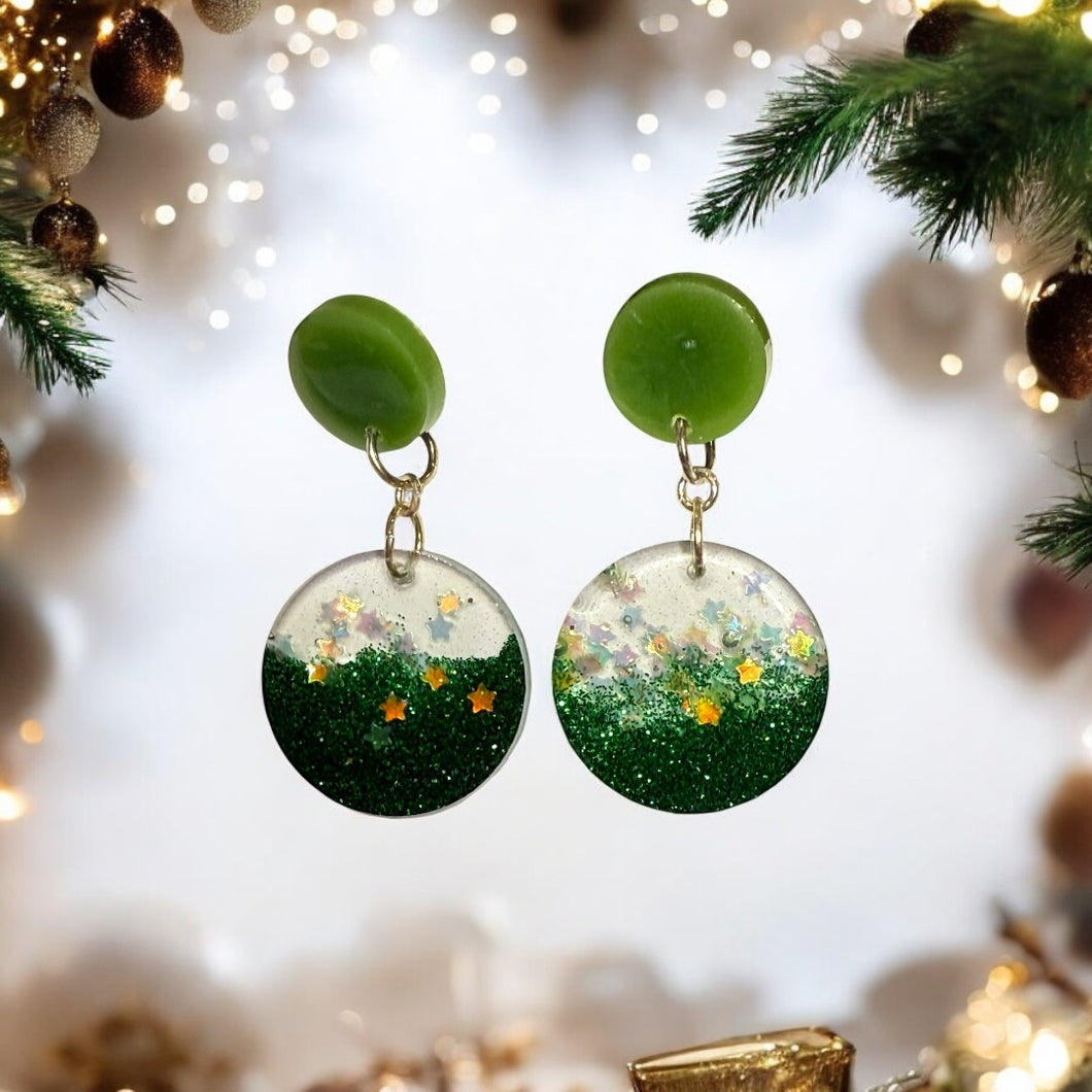 Green Shimmer and Stars Resin Christmas Dangle earrings