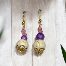 Load image into Gallery viewer, Cream, purple and pink Beaded  - Dangle Hook  Earrings- Handmade