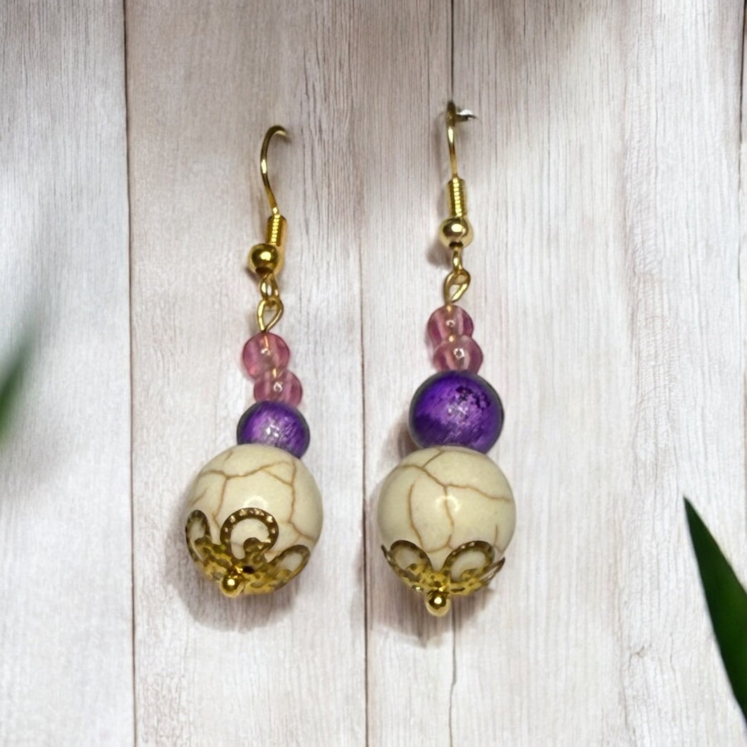 Cream, purple and pink Beaded  - Dangle Hook  Earrings- Handmade