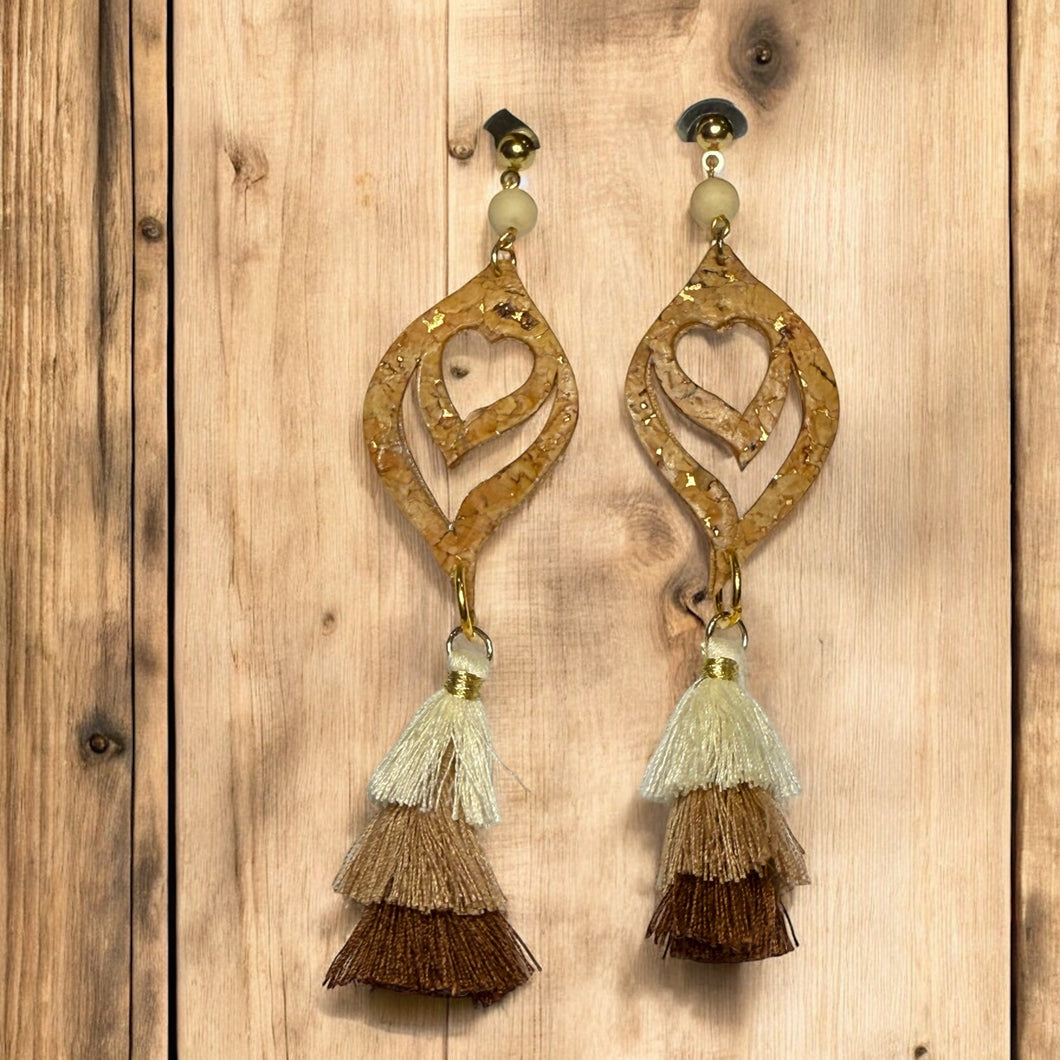 Heart Cork Tassel Long Dangles - Handmade