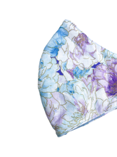 Load image into Gallery viewer, Soft Floral - Purple &amp; Blue - Adult Face Mask - 3 Layers, Nose Wire, Adjustable Straps And Pocket For Filter.