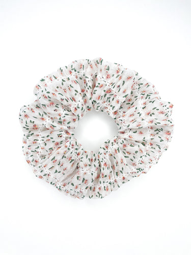 Floral - Peach, Khaki & White- Scrunchie- Shirred Chiffon- Handmade