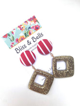 Load image into Gallery viewer, Handmade- Stripes and Glitz Resin Dangle Earrings - Gold and Red