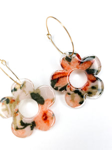 Handmade - Sunshine Flower Power Resin Earrings - Orange, Khaki and Cream