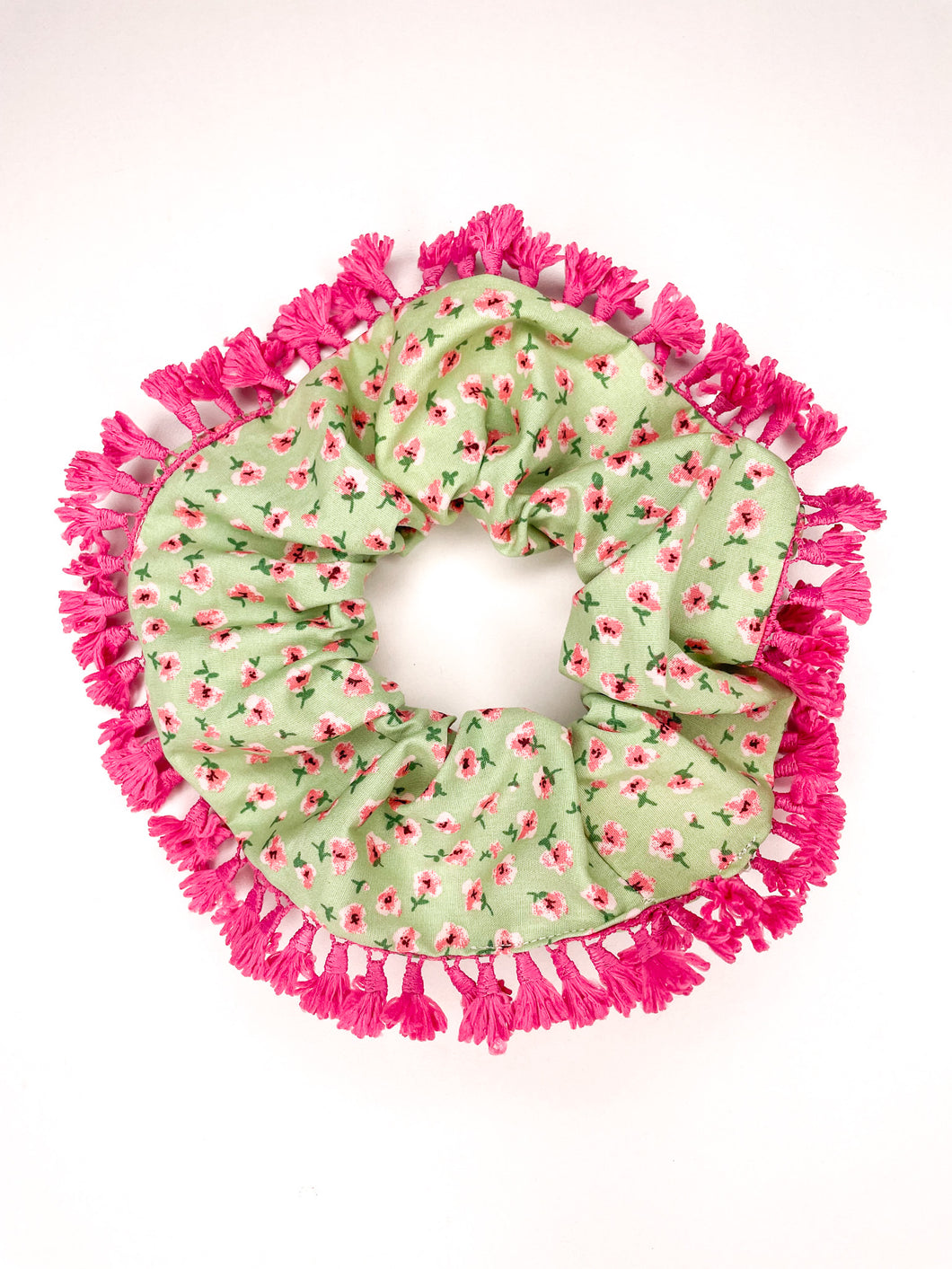 Mint & Pink Floral Tasseled Scrunchie - Handmade