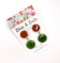 Load image into Gallery viewer, Handmade - Rust and Green Circle Drops Resin Earrings