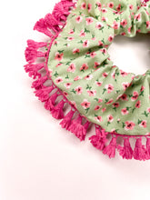 Load image into Gallery viewer, Mint &amp; Pink Floral Tasseled Scrunchie - Handmade