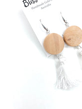 Load image into Gallery viewer, Wooden &amp; White- Tassel Dangle Earrings- Handmade