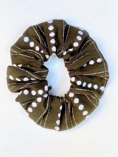 Khaki Dots and Stripes Scrunchie - Handmade - Khaki and White