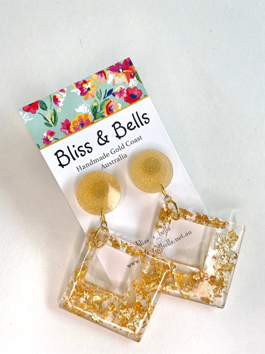 Handmade - Golden Glitter Flake Resin Dangle Earrings