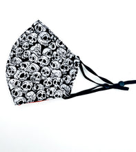 Load image into Gallery viewer, Skulls Black &amp; White - Adult Face Mask - 3 Layers, Nose Wire, Adjustable Straps And Pocket For Filter - Handmade.