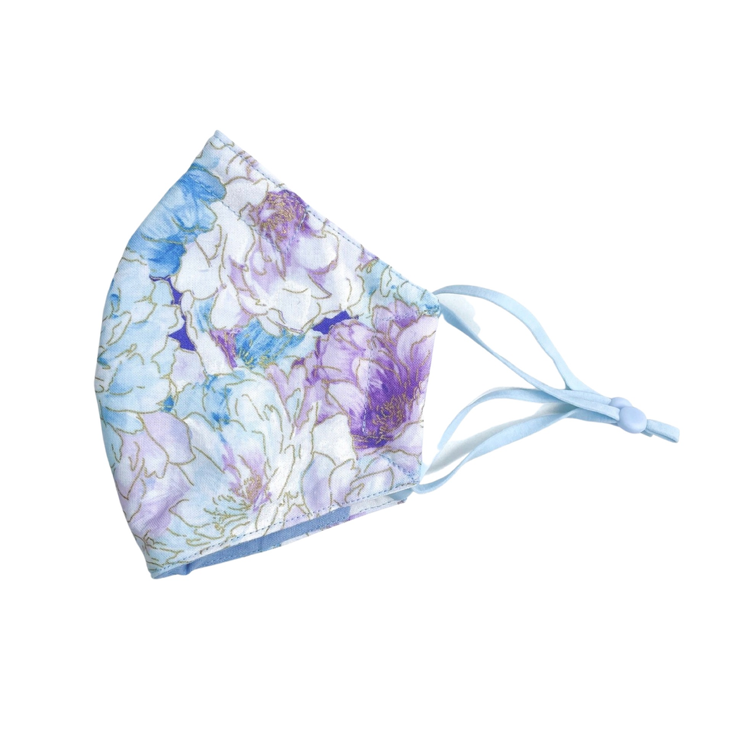 Soft Floral - Purple & Blue - Adult Face Mask - 3 Layers, Nose Wire, Adjustable Straps And Pocket For Filter.