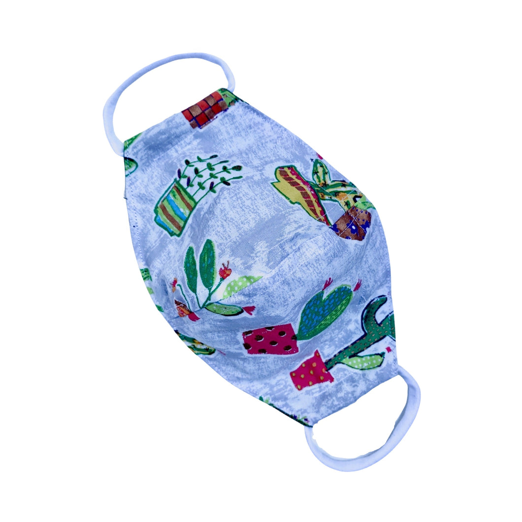 Cactus - Grey - Adult Face Mask - 3 Layers, Nose Wire, Adjustable Straps And Pocket For Filter.