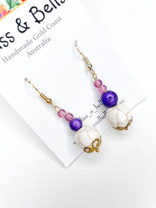 Marble Beaded - Pink, purple, Cream & Gold- Dangle Earrings- Handmade