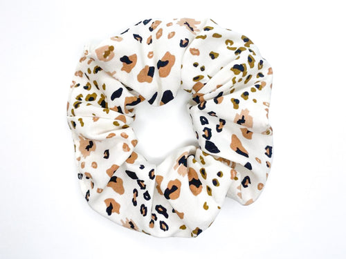 Snow Cheetah Scrunchie - Handmade - White, Black and Tan - Rayon Fabric