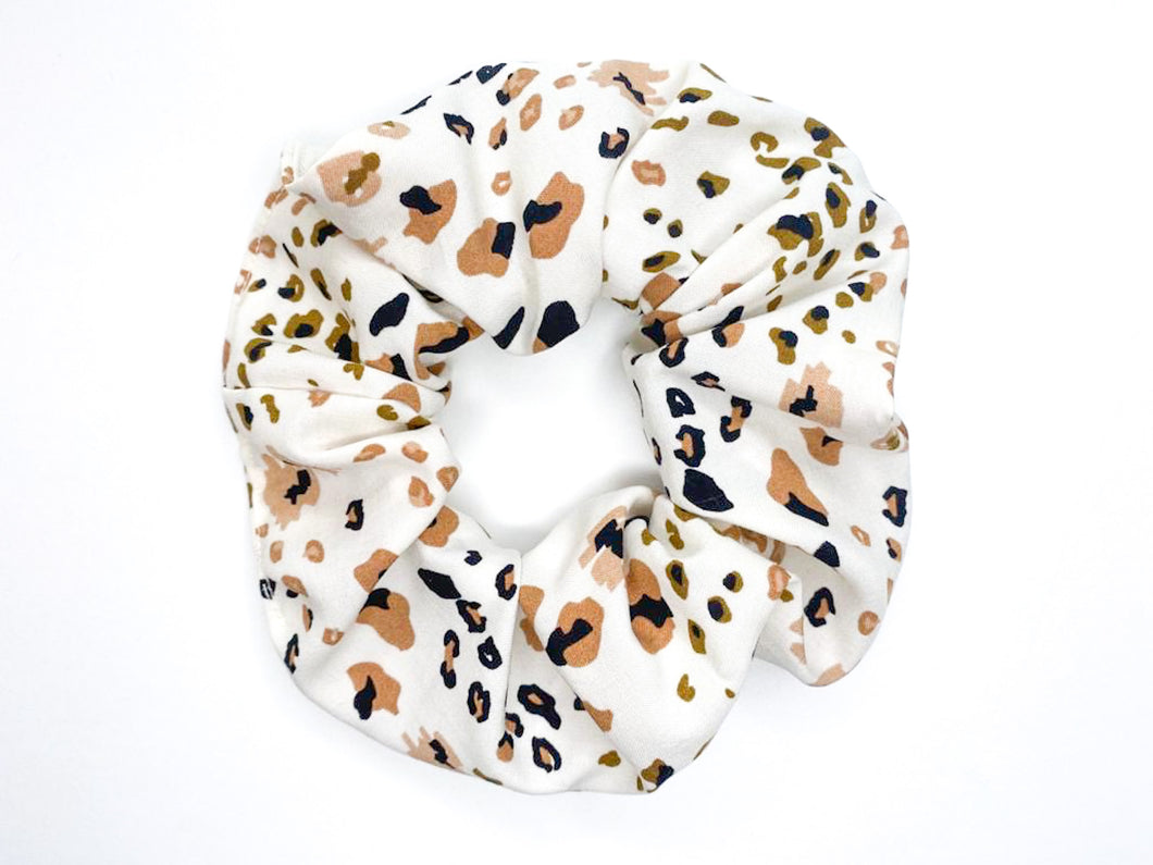 Snow Cheetah Scrunchie - Handmade - White, Black and Tan - Rayon Fabric