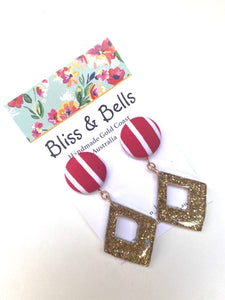 Handmade- Stripes and Glitz Resin Dangle Earrings - Gold and Red