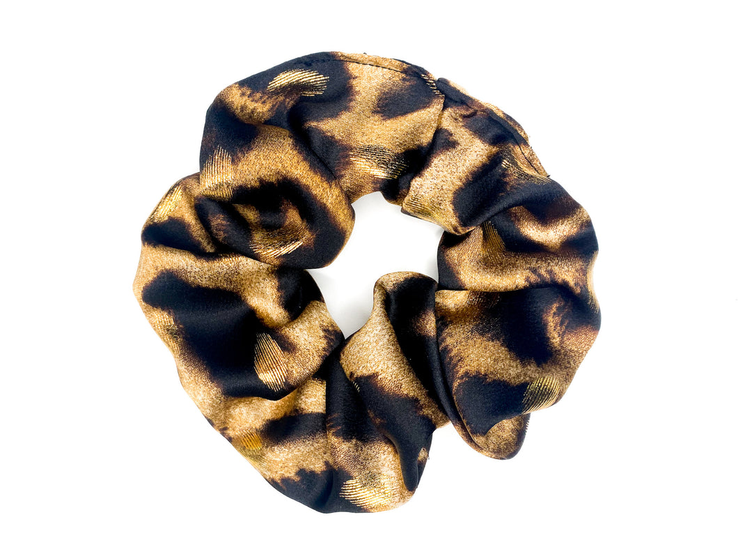 Glam Leopard Scrunchie - Handmade - Black, Gold and Tan - Satin Fabric