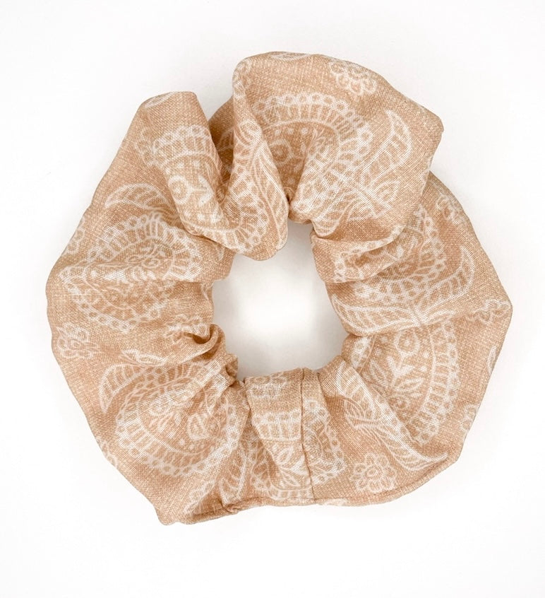 Tan- Batik- Linen Look - Scrunchie- Handmade