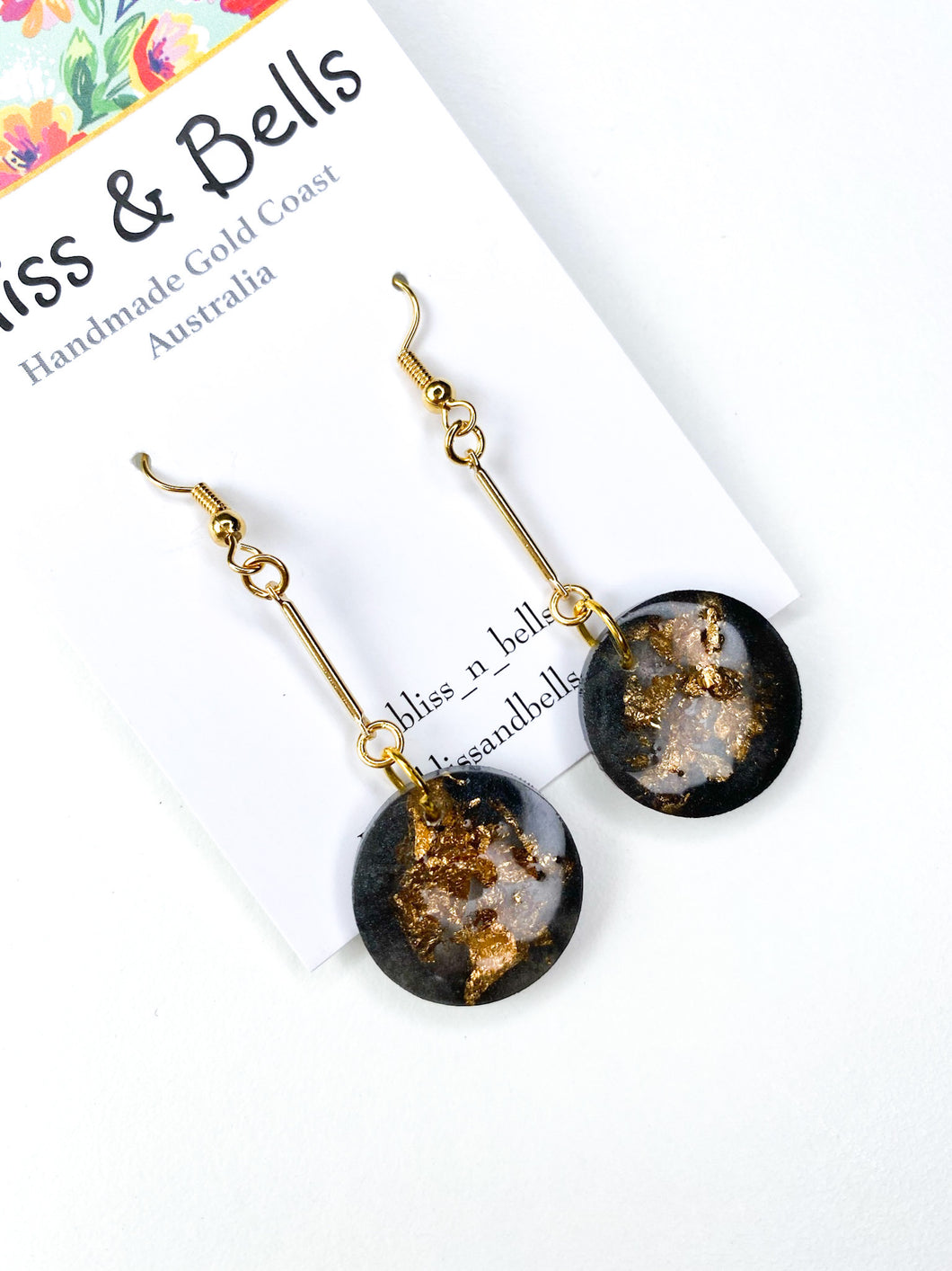 Handmade - Black and Gold Long Drops Resin Earrings
