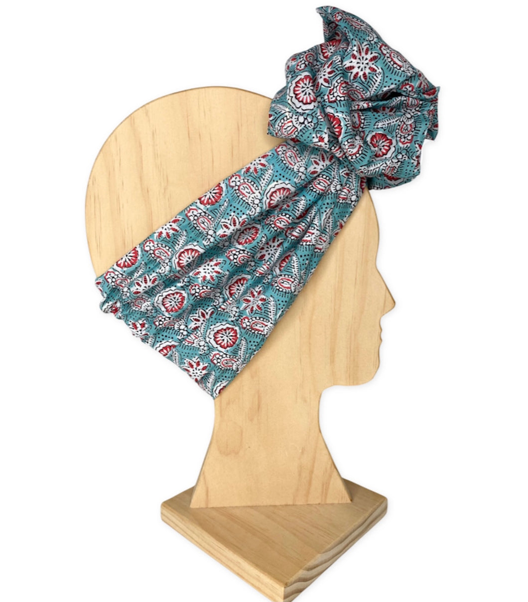 Teal Paisley Boho Wire Headband- Cotton fabric- Handmade