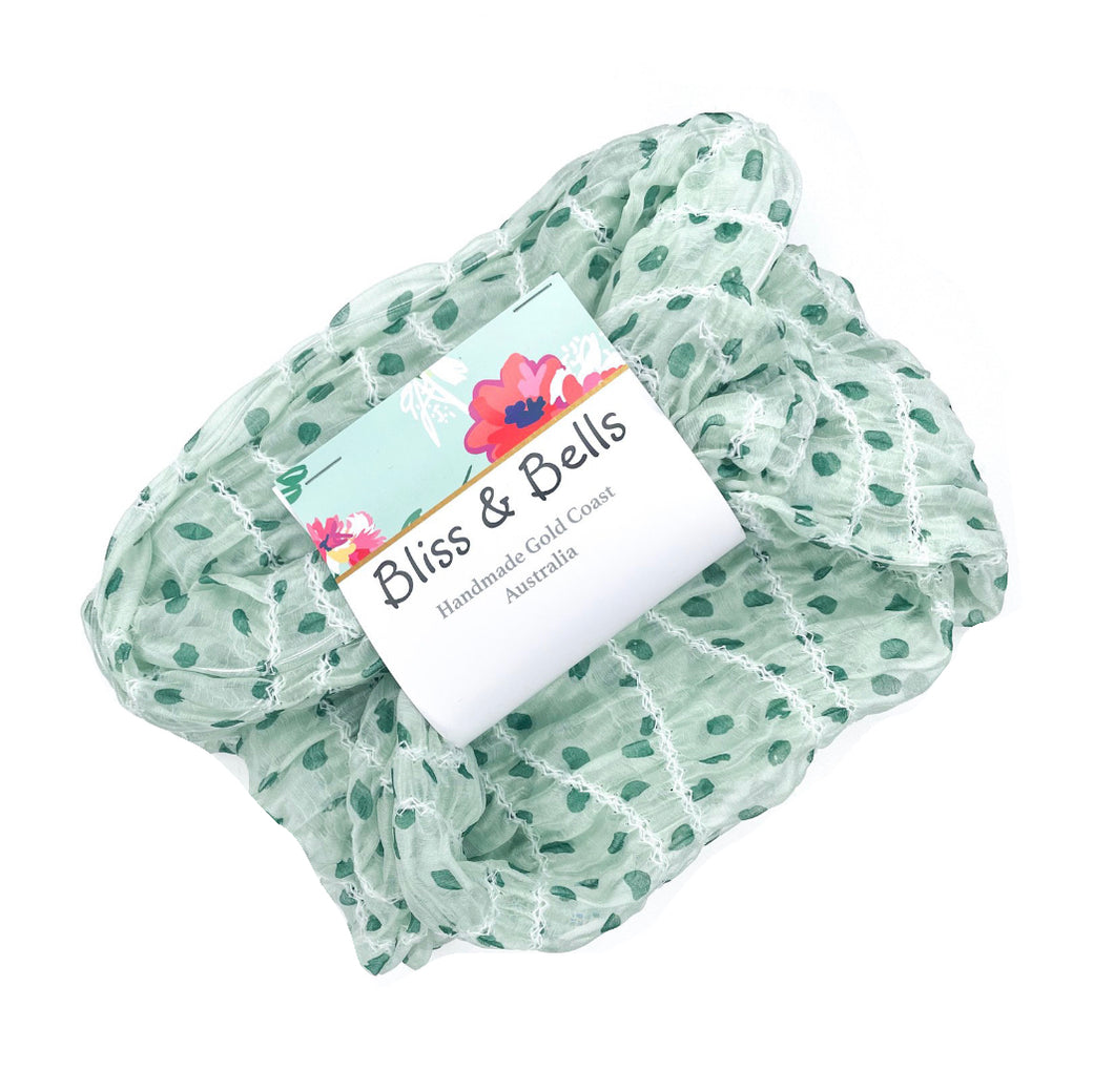 Polka Dot - Mint Green - Boho Wire Headband - Shirred Chiffon- Handmade