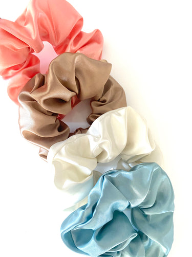 Sleepy Time Scrunchie - Handmade - Dusty Blue, Peach, Tan and Cream - Satin