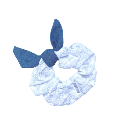 White embossed Denim “Small Sash” Scrunchie