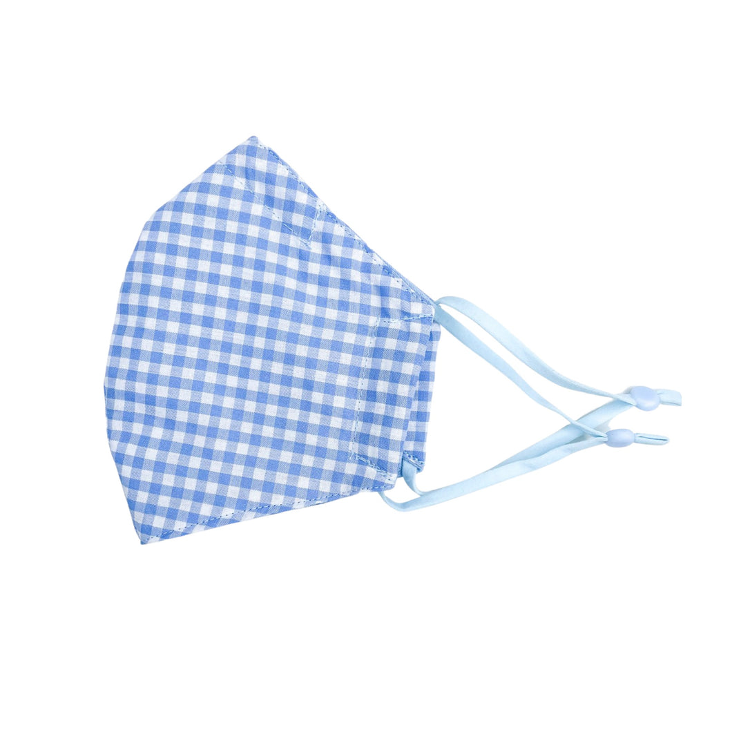 Pastel Blue & White Gingham - Adult Face Mask - 3 Layers, Nose Wire, Adjustable Straps And Pocket For Filter - Handmade.