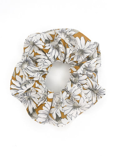 Daisy Chain Scrunchie - Handmade - mustard, White and Fawn Rayon Fabric