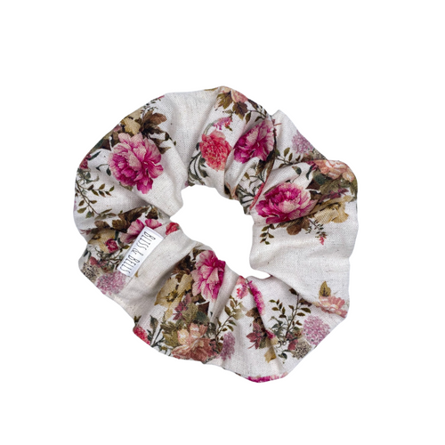 Vintage Pink Floral Scrunchie - Handmade - Cream, Pink and Khaki